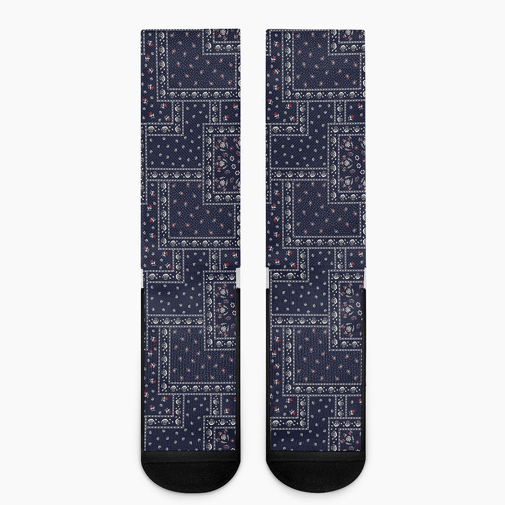 Blue Floral Patchwork Pattern Print Crew Socks