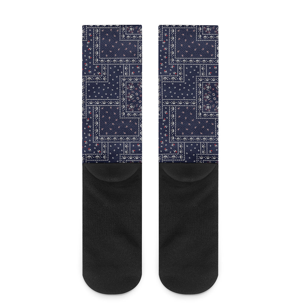 Blue Floral Patchwork Pattern Print Crew Socks