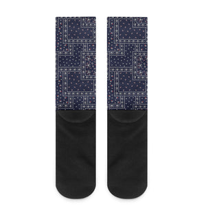 Blue Floral Patchwork Pattern Print Crew Socks