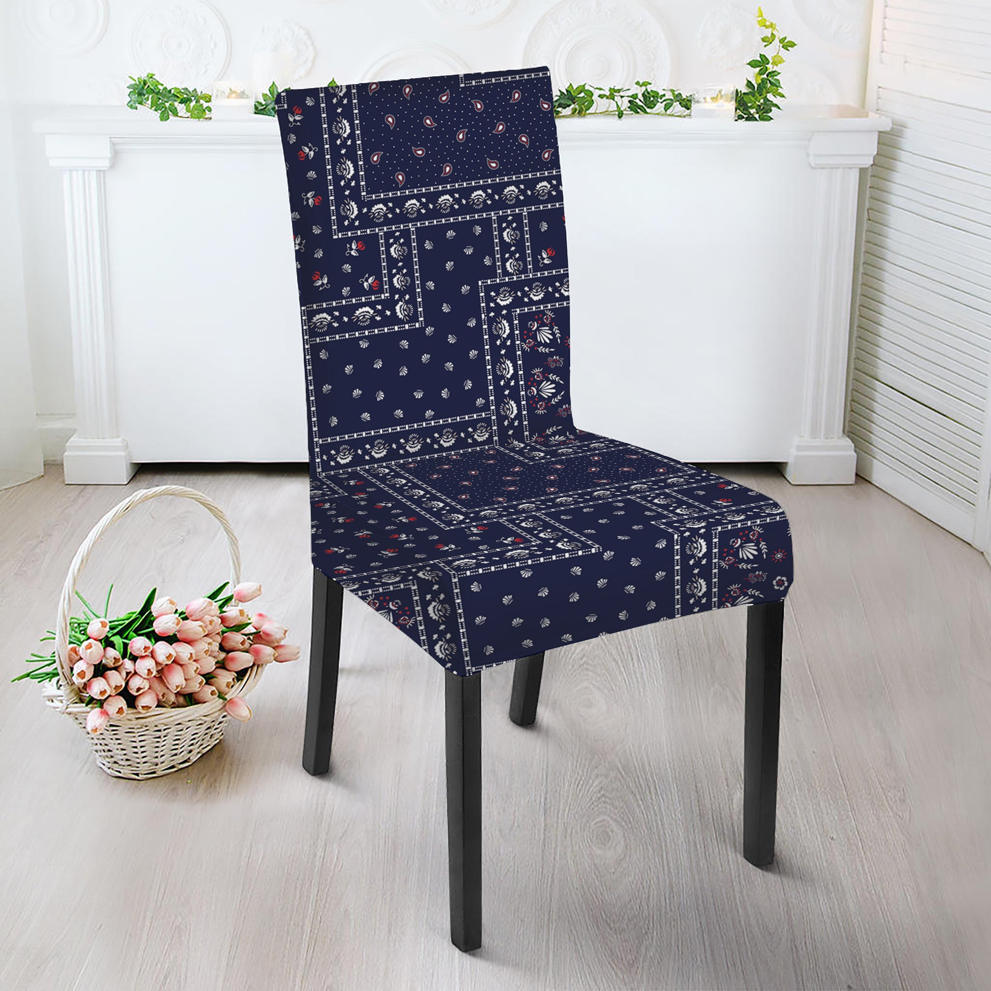 Blue Floral Patchwork Pattern Print Dining Chair Slipcover