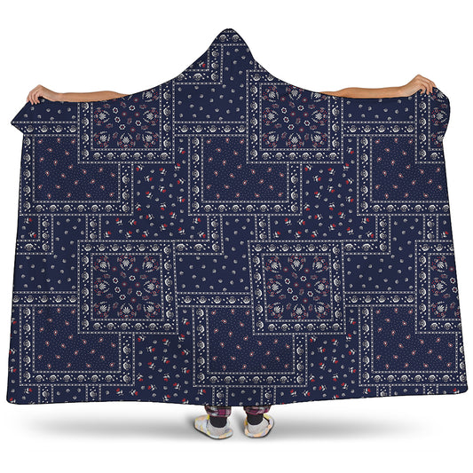 Blue Floral Patchwork Pattern Print Hooded Blanket