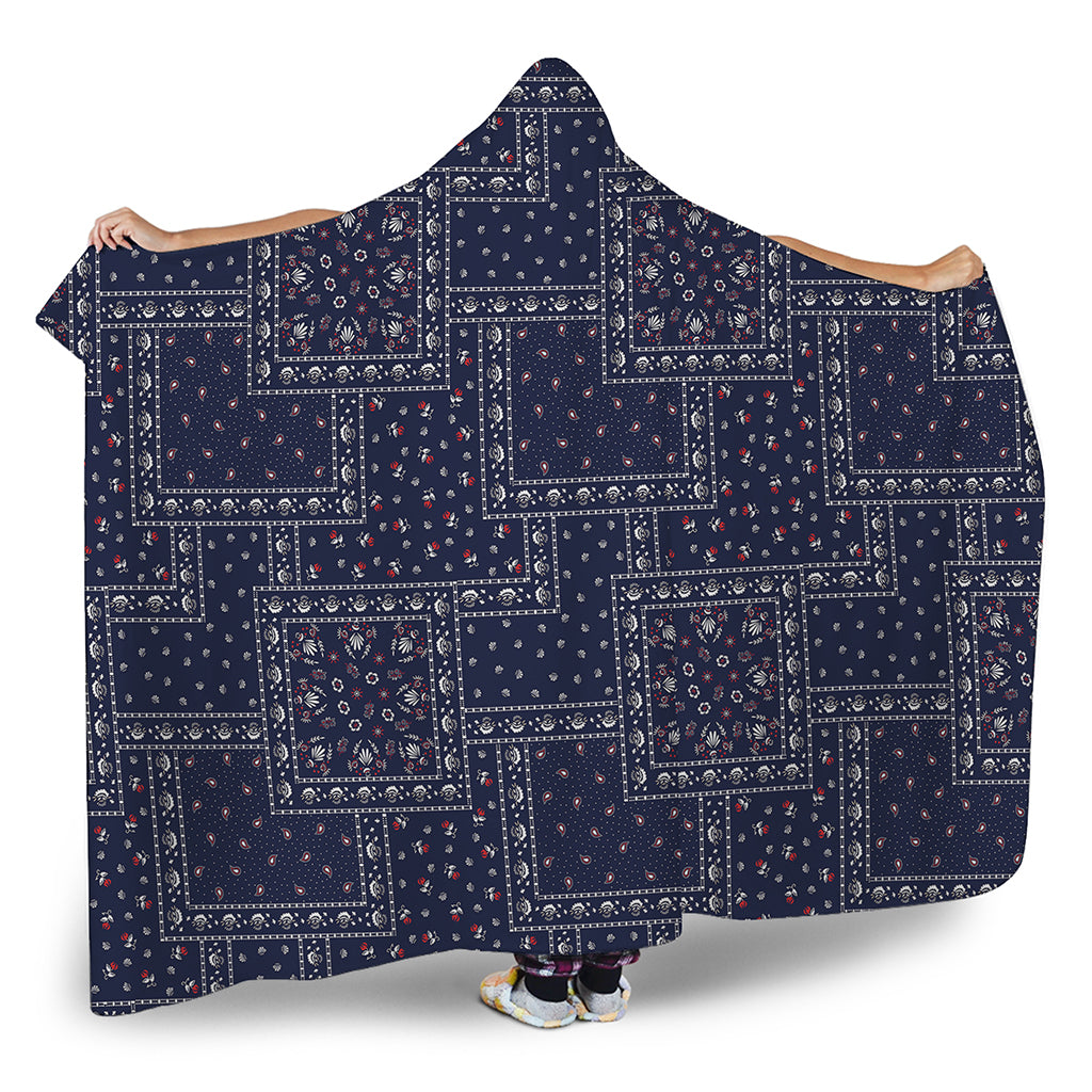 Blue Floral Patchwork Pattern Print Hooded Blanket