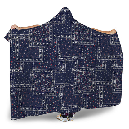 Blue Floral Patchwork Pattern Print Hooded Blanket