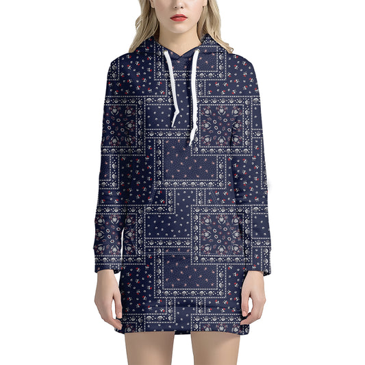 Blue Floral Patchwork Pattern Print Hoodie Dress