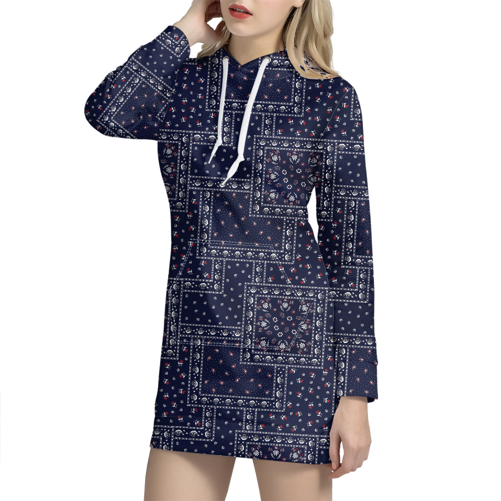 Blue Floral Patchwork Pattern Print Hoodie Dress