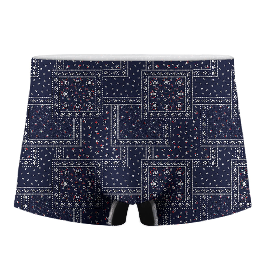 Blue Floral Patchwork Pattern Print Men's Boxer Briefs