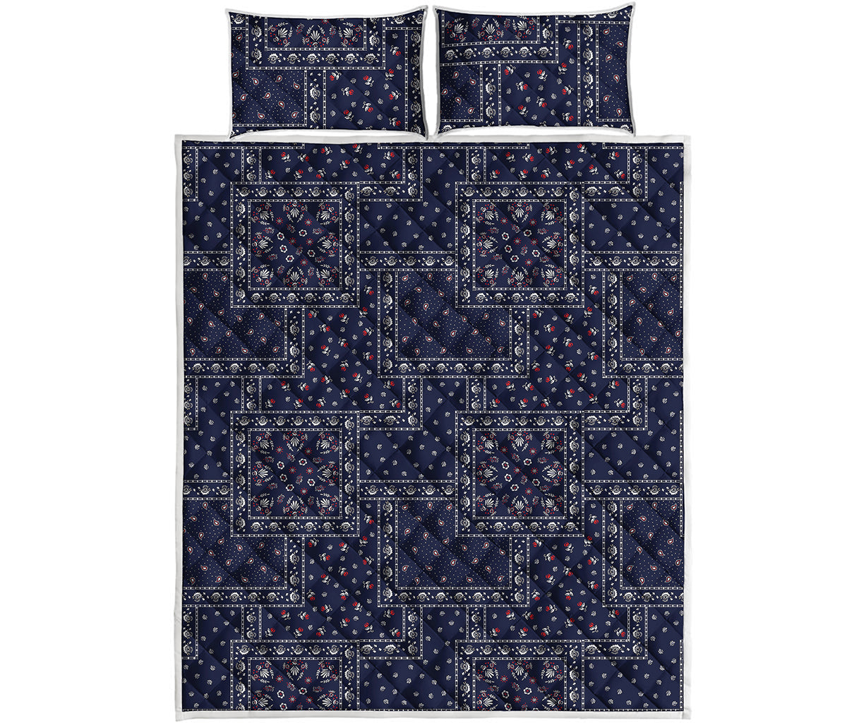 Blue Floral Patchwork Pattern Print Quilt Bed Set