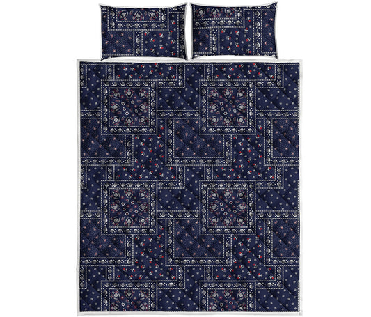 Blue Floral Patchwork Pattern Print Quilt Bed Set