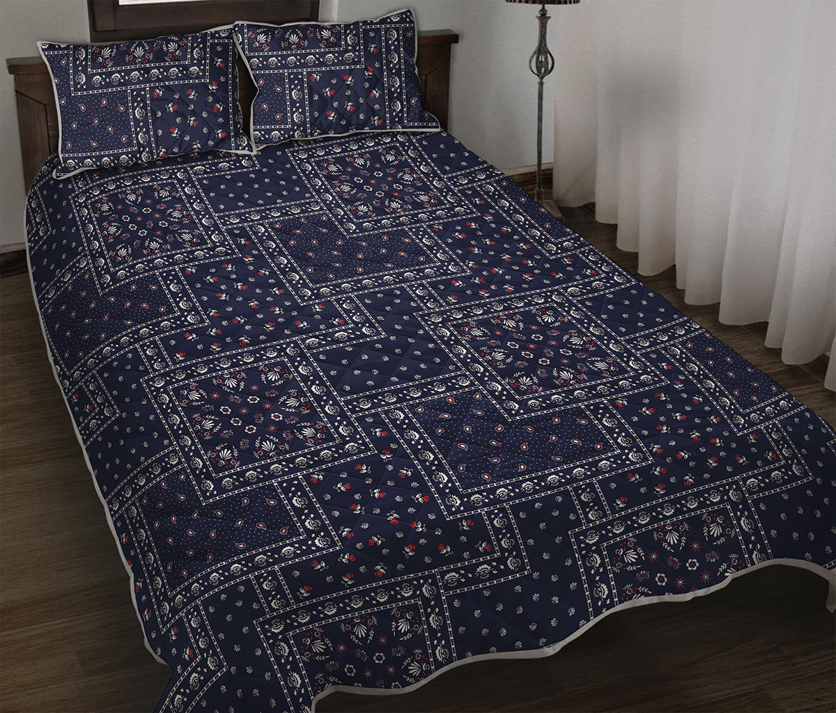 Blue Floral Patchwork Pattern Print Quilt Bed Set