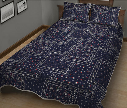 Blue Floral Patchwork Pattern Print Quilt Bed Set