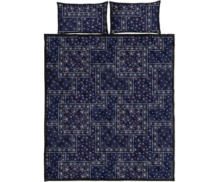 Blue Floral Patchwork Pattern Print Quilt Bed Set