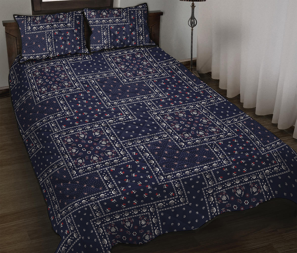 Blue Floral Patchwork Pattern Print Quilt Bed Set