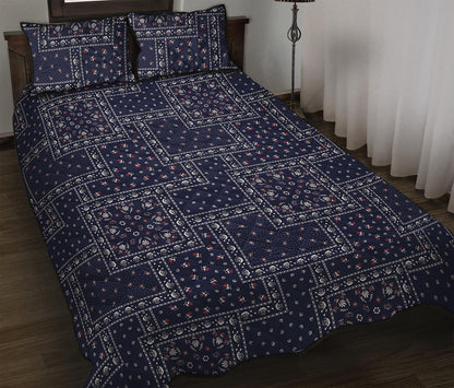 Blue Floral Patchwork Pattern Print Quilt Bed Set