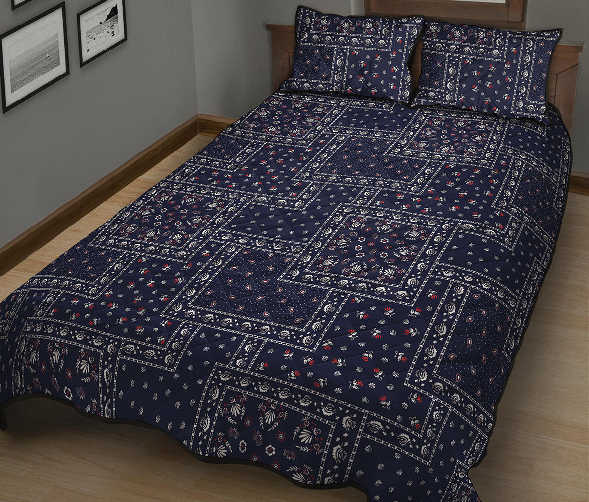 Blue Floral Patchwork Pattern Print Quilt Bed Set