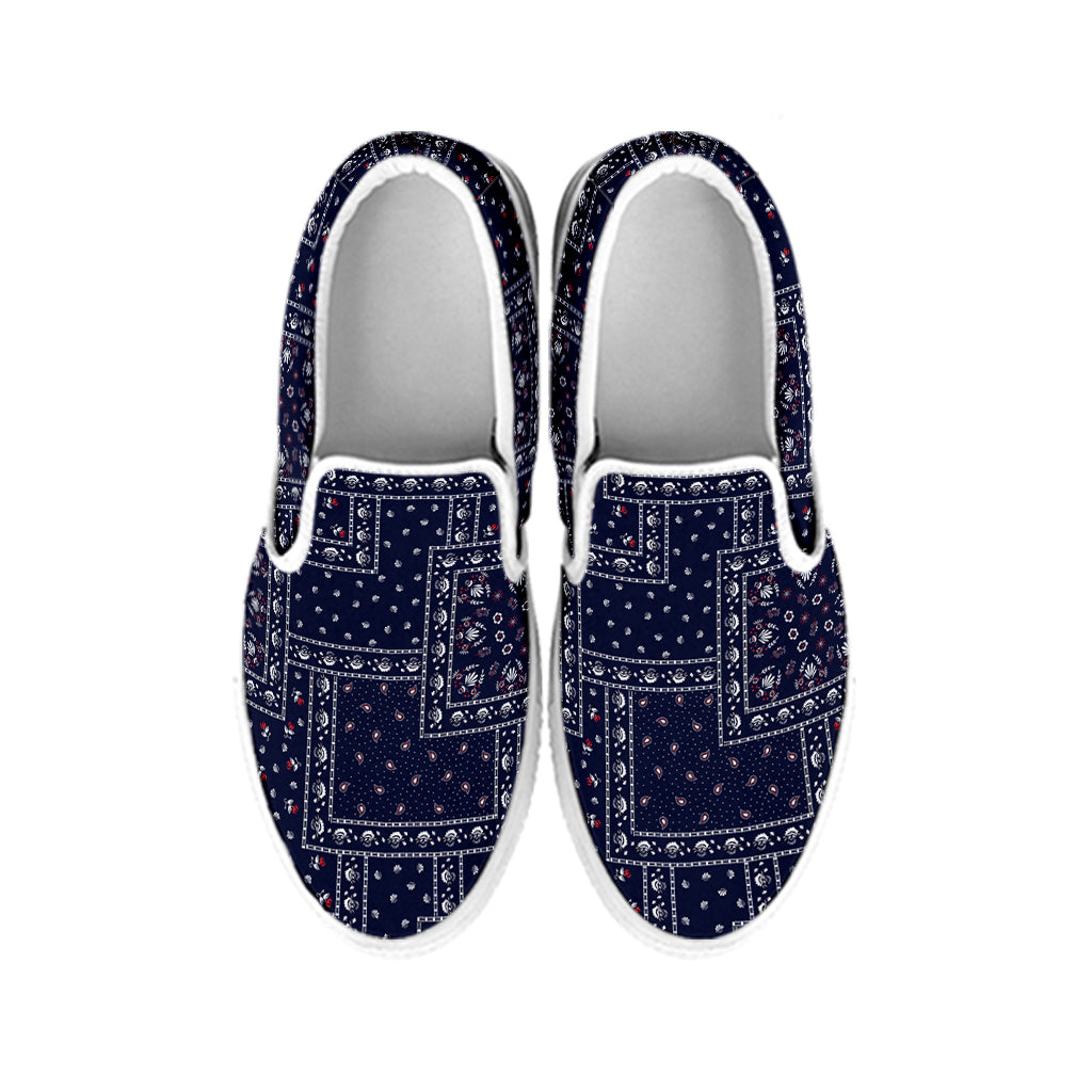 Blue Floral Patchwork Pattern Print White Slip On Shoes