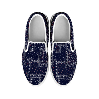 Blue Floral Patchwork Pattern Print White Slip On Shoes
