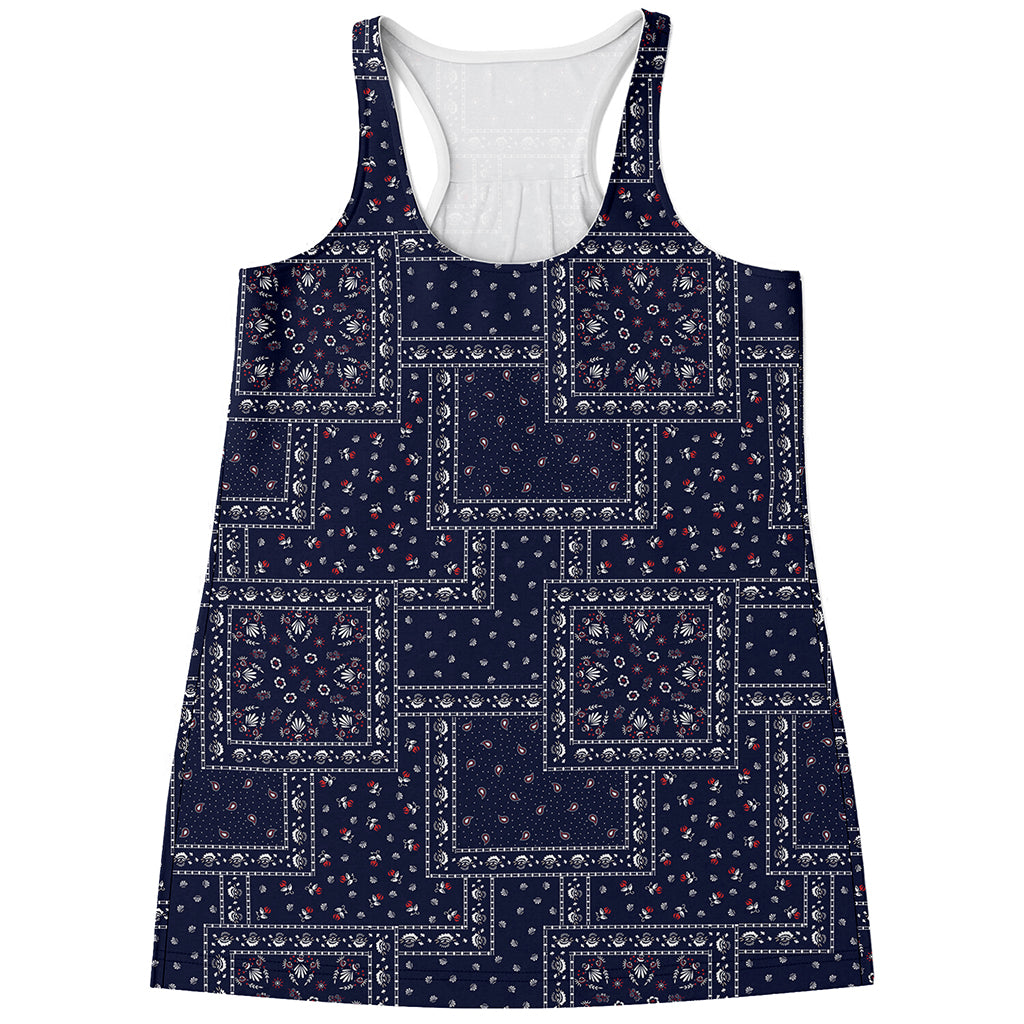 Blue Floral Patchwork Pattern Print Women's Racerback Tank Top