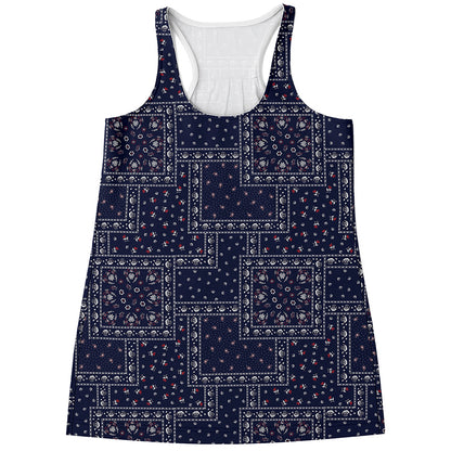 Blue Floral Patchwork Pattern Print Women's Racerback Tank Top