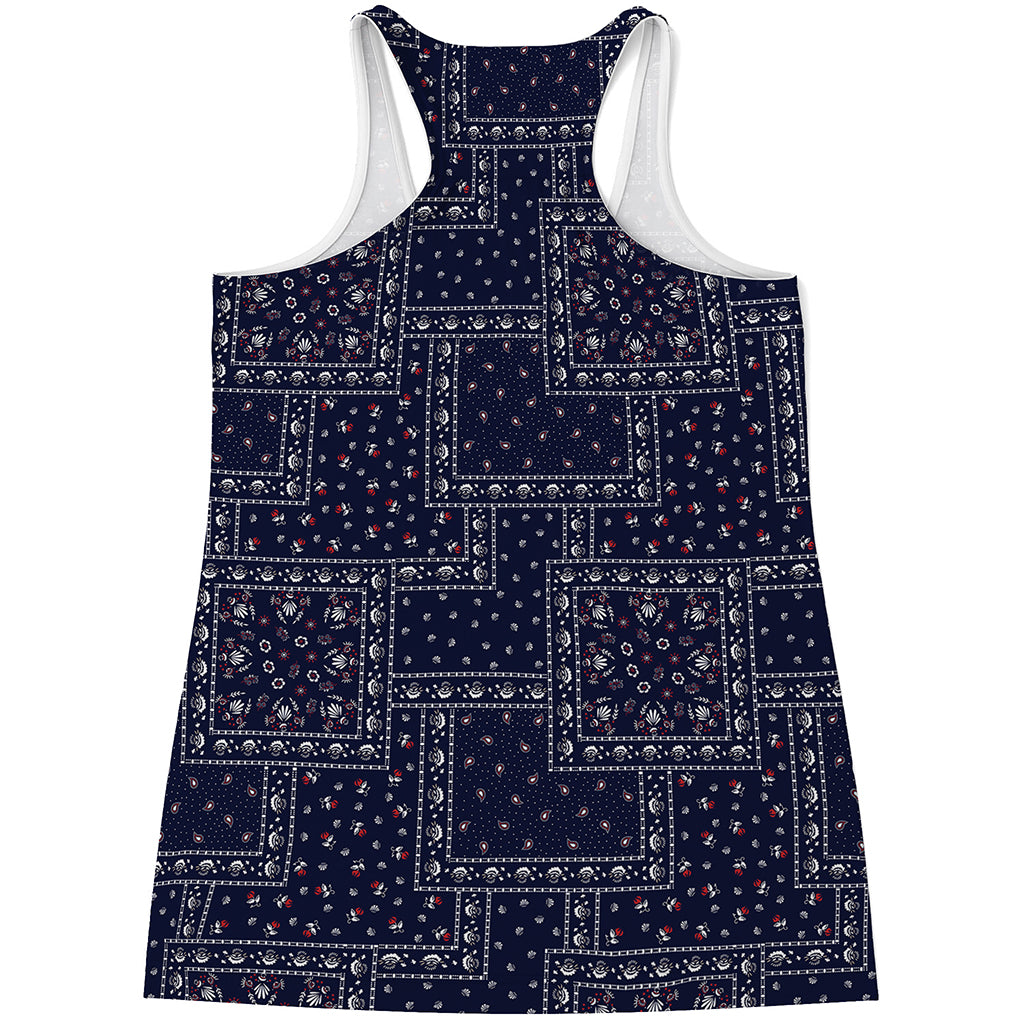 Blue Floral Patchwork Pattern Print Women's Racerback Tank Top