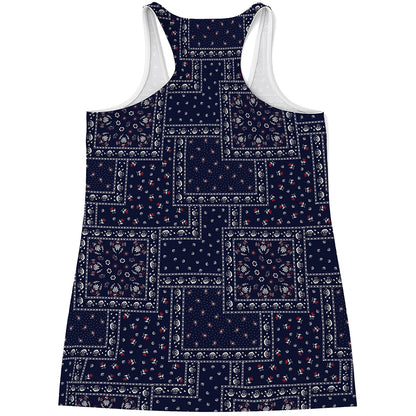 Blue Floral Patchwork Pattern Print Women's Racerback Tank Top