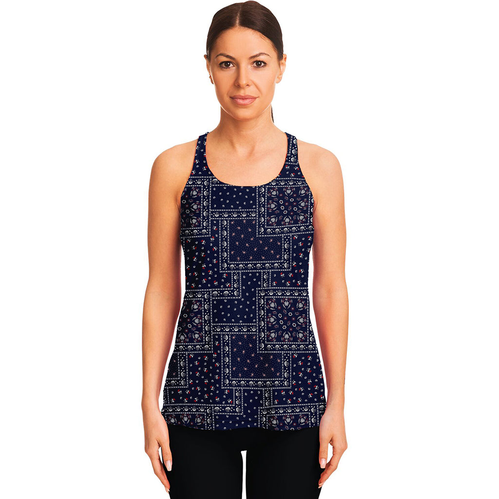Blue Floral Patchwork Pattern Print Women's Racerback Tank Top