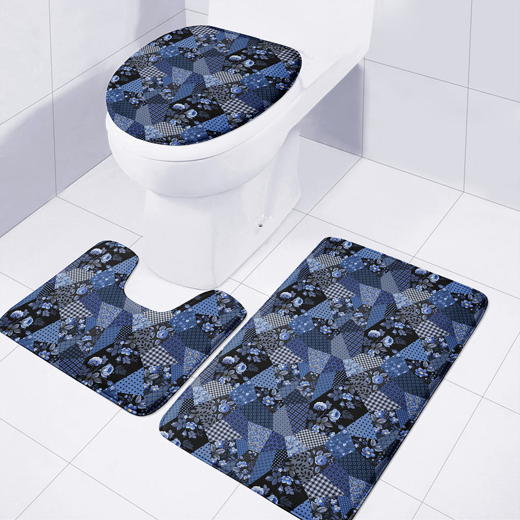 Blue Flower Patchwork Pattern Print 3 Piece Bath Mat Set