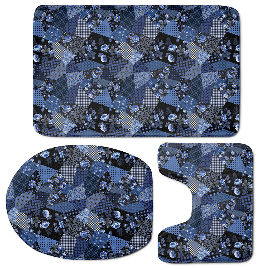 Blue Flower Patchwork Pattern Print 3 Piece Bath Mat Set