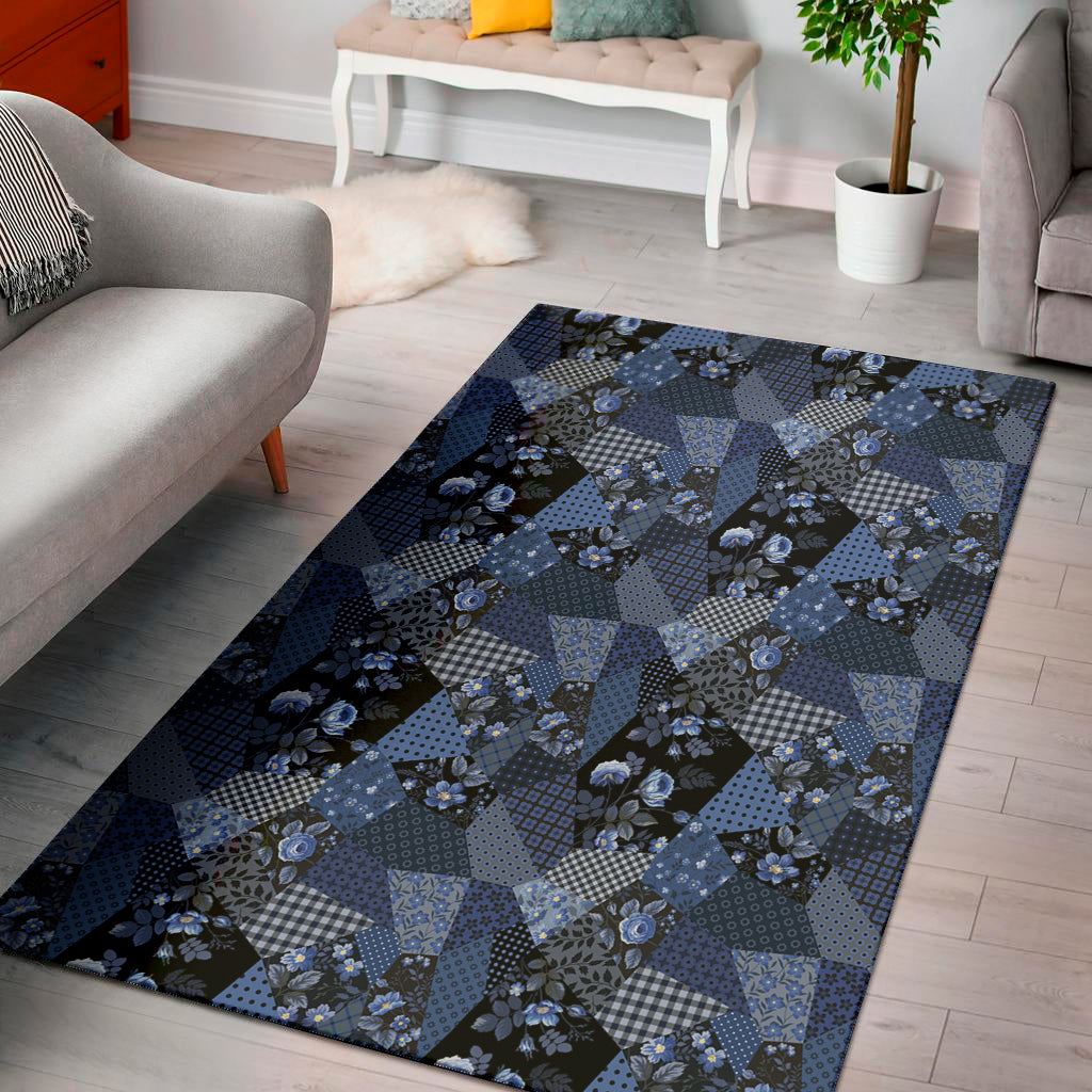 Blue Flower Patchwork Pattern Print Area Rug