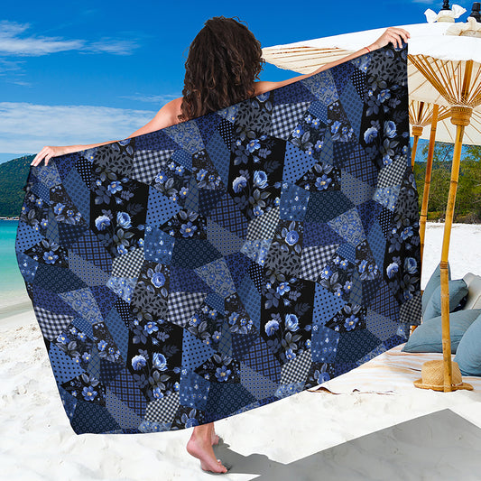 Blue Flower Patchwork Pattern Print Beach Sarong Wrap