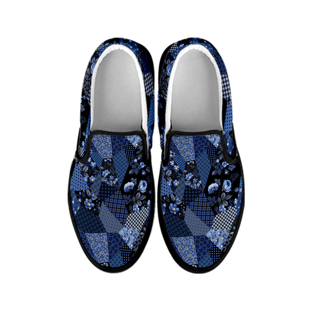 Blue Flower Patchwork Pattern Print Black Slip On Shoes