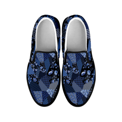 Blue Flower Patchwork Pattern Print Black Slip On Shoes