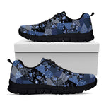 Blue Flower Patchwork Pattern Print Black Sneakers
