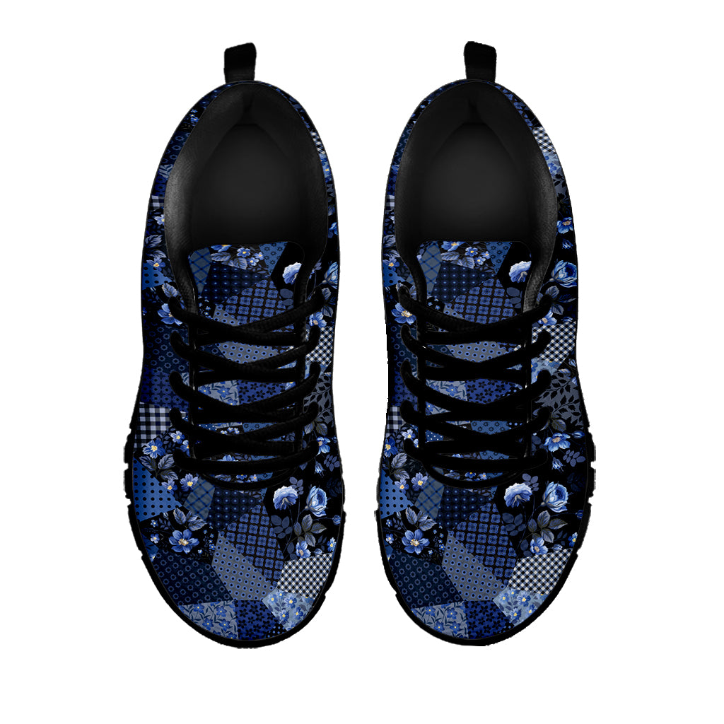 Blue Flower Patchwork Pattern Print Black Sneakers