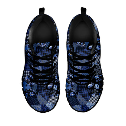 Blue Flower Patchwork Pattern Print Black Sneakers
