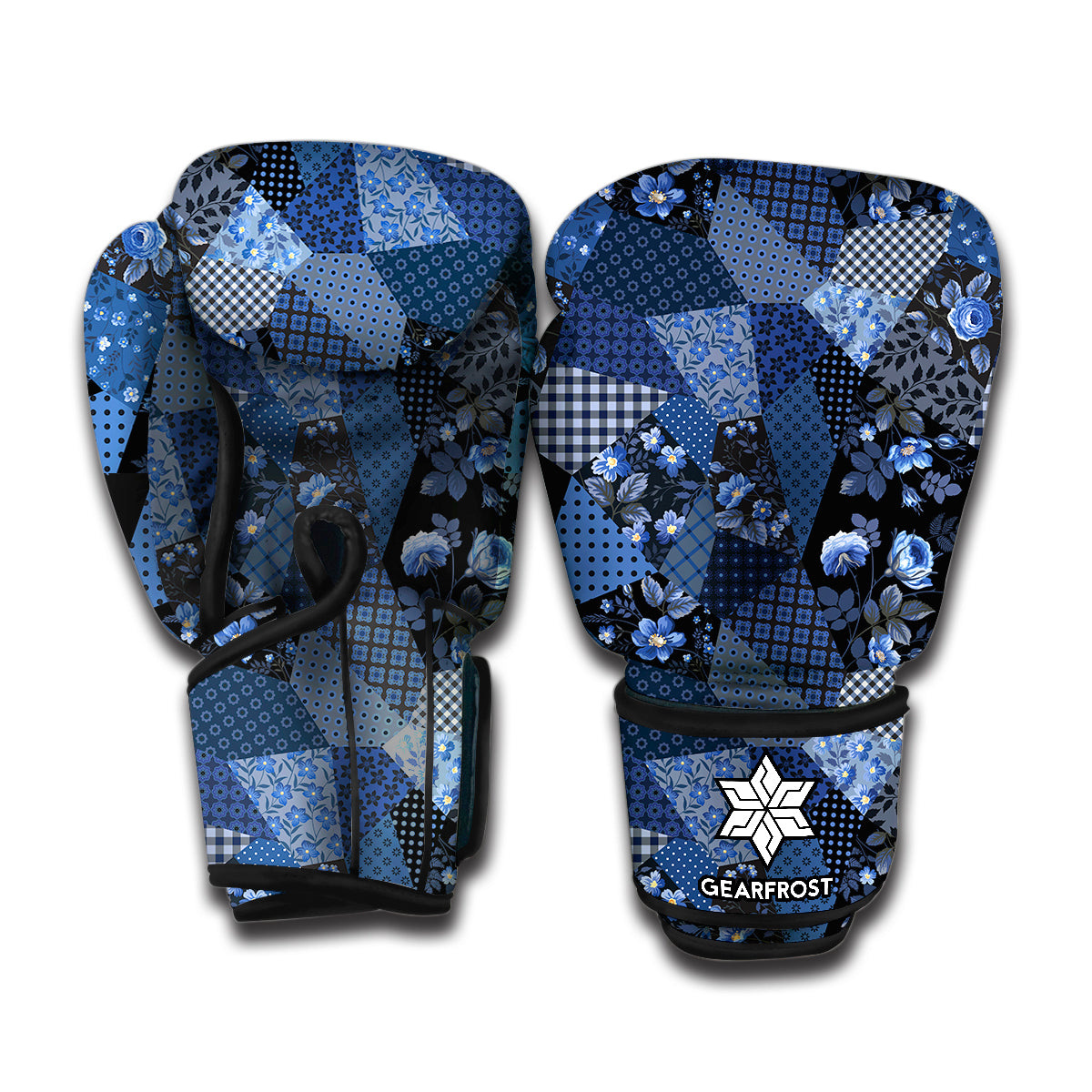 Blue Flower Patchwork Pattern Print Boxing Gloves