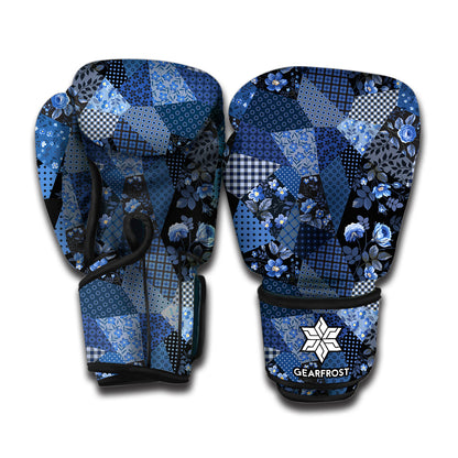 Blue Flower Patchwork Pattern Print Boxing Gloves