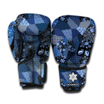 Blue Flower Patchwork Pattern Print Boxing Gloves