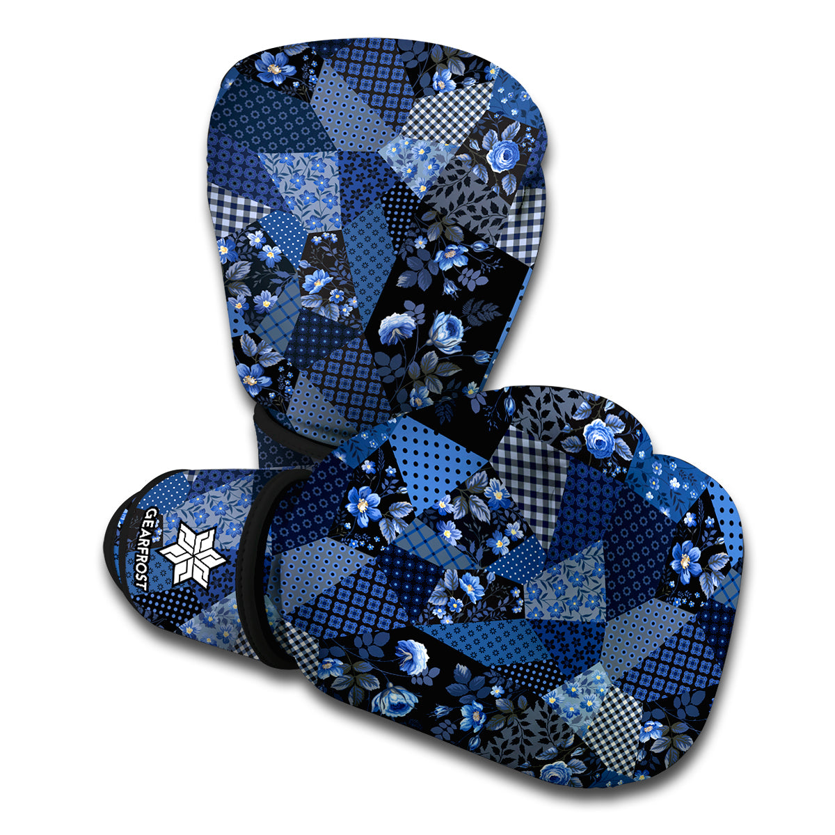 Blue Flower Patchwork Pattern Print Boxing Gloves
