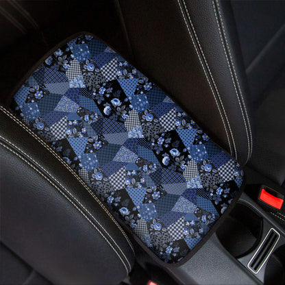 Blue Flower Patchwork Pattern Print Car Center Console Cover