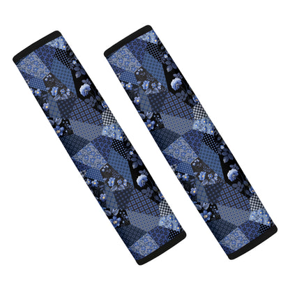 Blue Flower Patchwork Pattern Print Car Seat Belt Covers