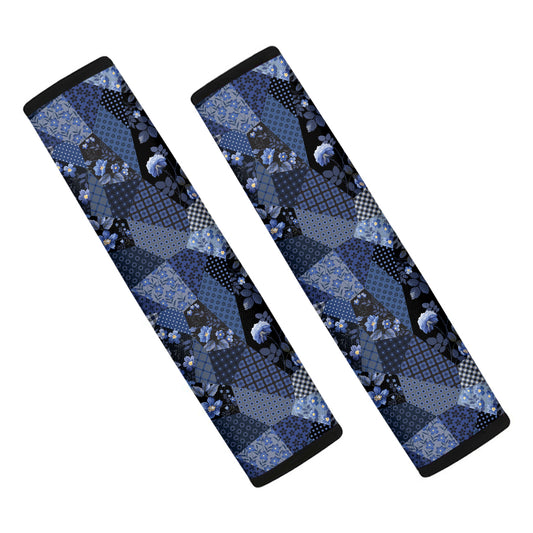 Blue Flower Patchwork Pattern Print Car Seat Belt Covers