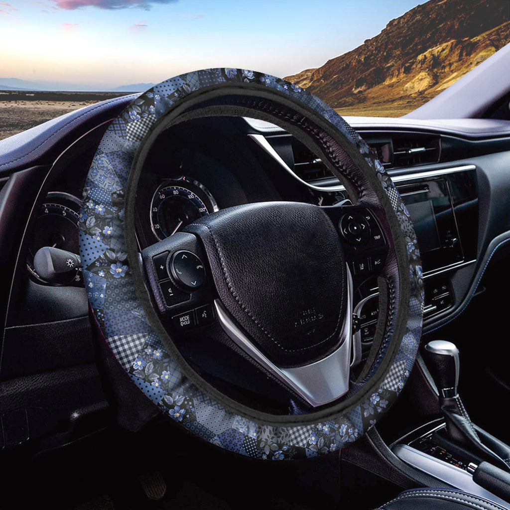 Blue Flower Patchwork Pattern Print Car Steering Wheel Cover