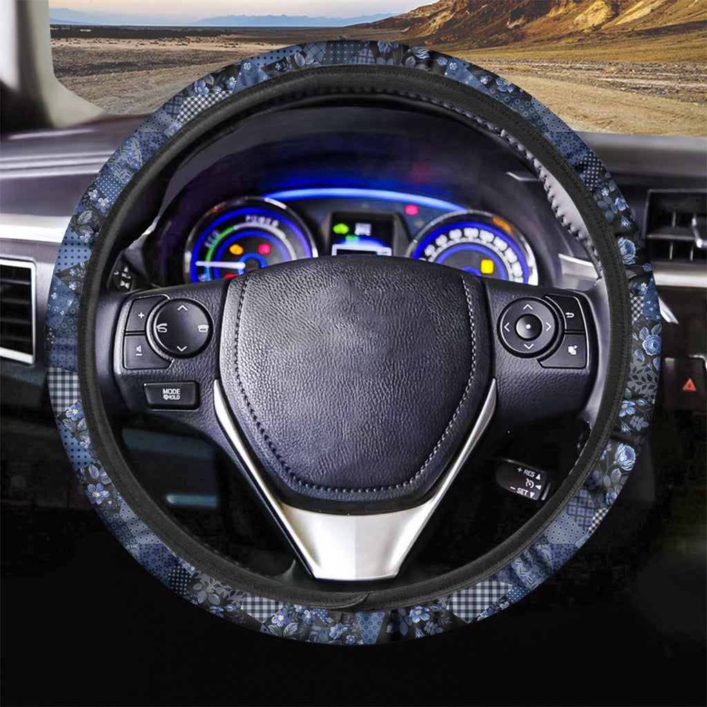 Blue Flower Patchwork Pattern Print Car Steering Wheel Cover