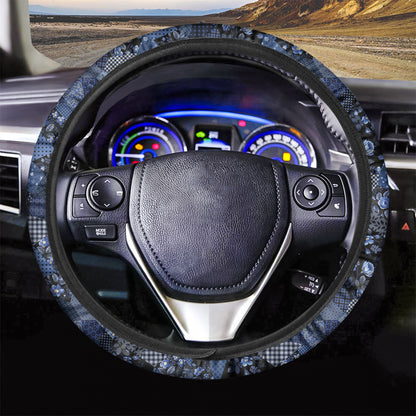 Blue Flower Patchwork Pattern Print Car Steering Wheel Cover