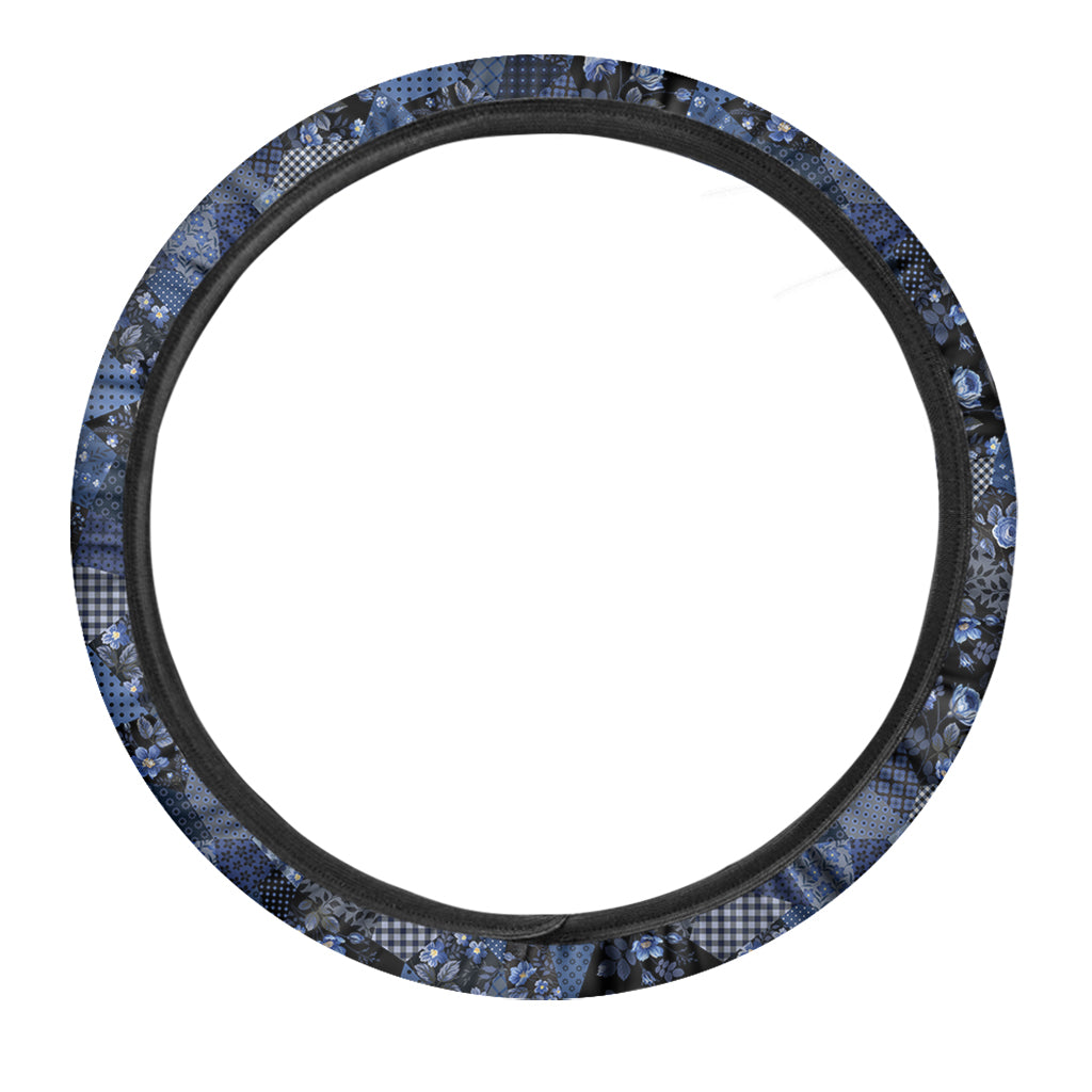Blue Flower Patchwork Pattern Print Car Steering Wheel Cover
