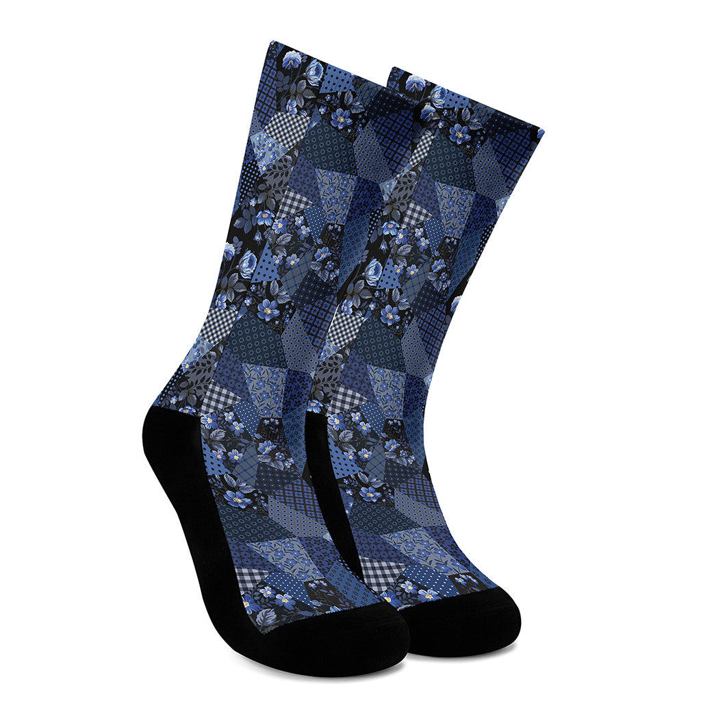 Blue Flower Patchwork Pattern Print Crew Socks