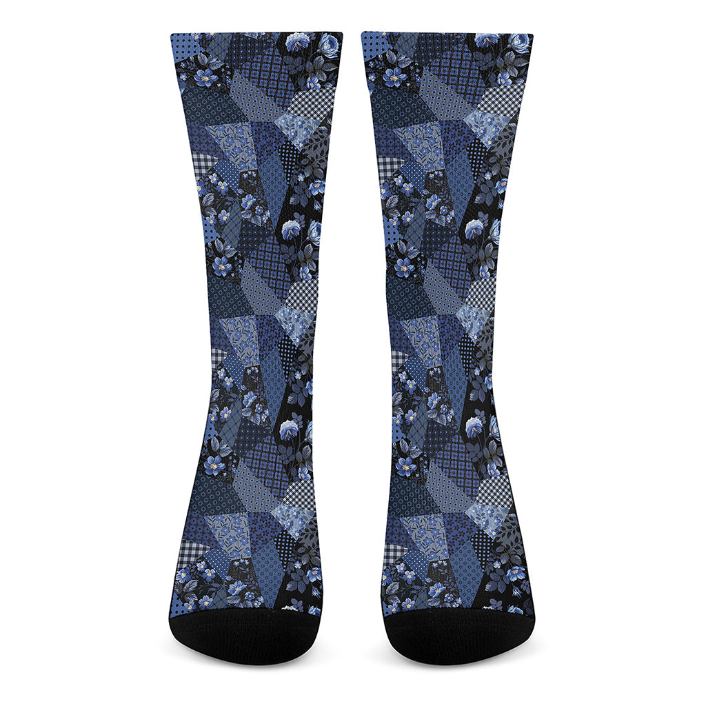 Blue Flower Patchwork Pattern Print Crew Socks