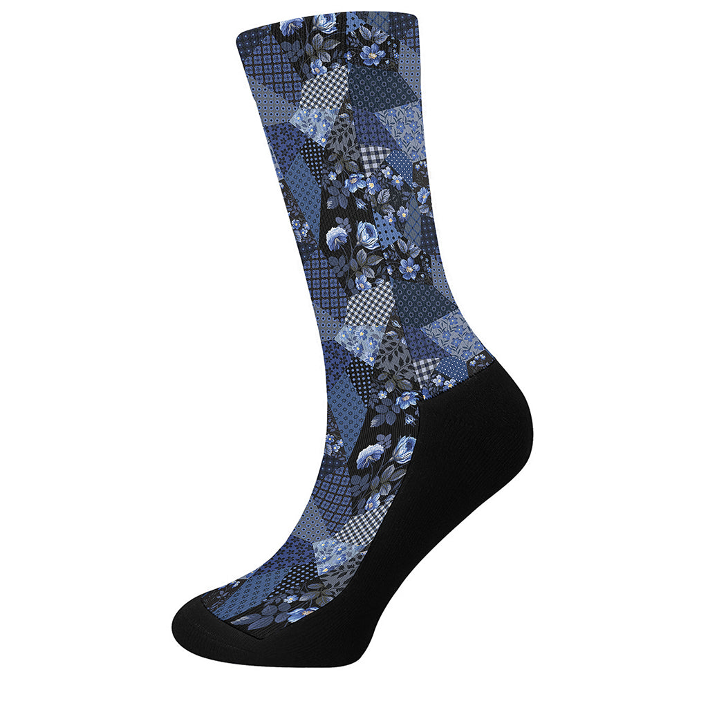 Blue Flower Patchwork Pattern Print Crew Socks