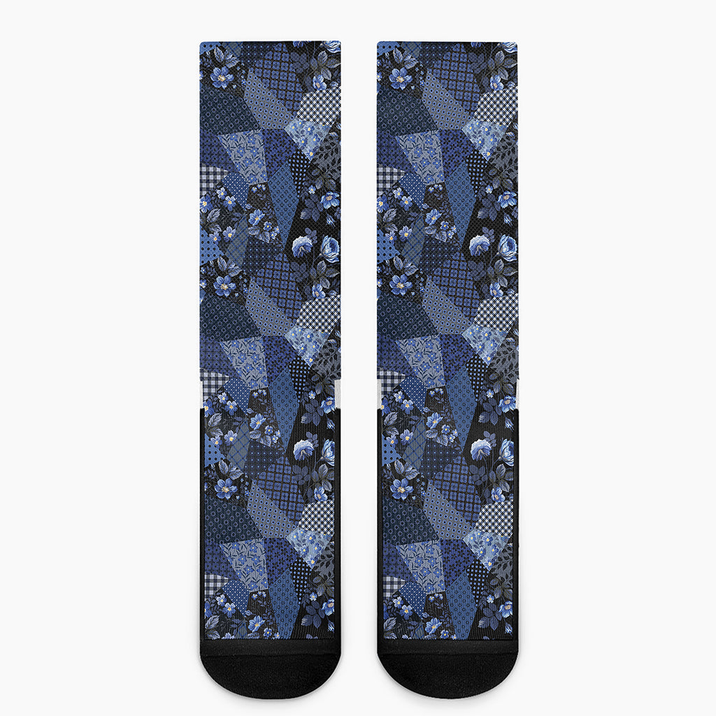 Blue Flower Patchwork Pattern Print Crew Socks