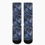 Blue Flower Patchwork Pattern Print Crew Socks
